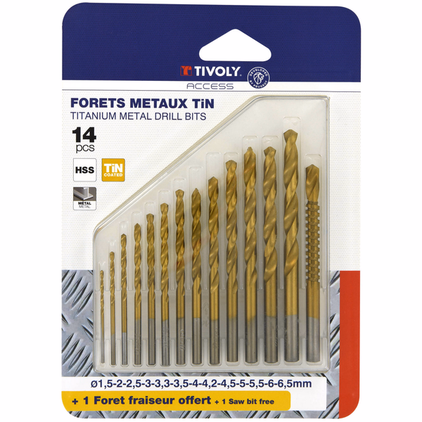 15 pièces -14 forets métaux laminés revêtus TiN Ø 1,5 à 6,5mm par 1/2 + 1 foret fraiseur  - TIVOLY - perçage - Référence: 50200170011 - Image principale - Outil professionnel