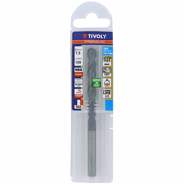 Ø: 7.5 / L: 109 / Broca para metal HSSE TBX | Recubrimiento TiALN | Afilado 4 caras (Funda plástico) - TIVOLY - taladrado - Referencia: 11456140750 - Image principale - Herramienta profesional
