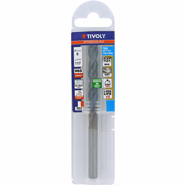 Ø: 8 / L: 117 / TBX HSS-E5 (5% cobalt) metal drill bit - BLADE coated - 4 faces (Plastic sleeve) - TIVOLY - drilling - Reference: 11456140800 - Image principale - Professional Tool