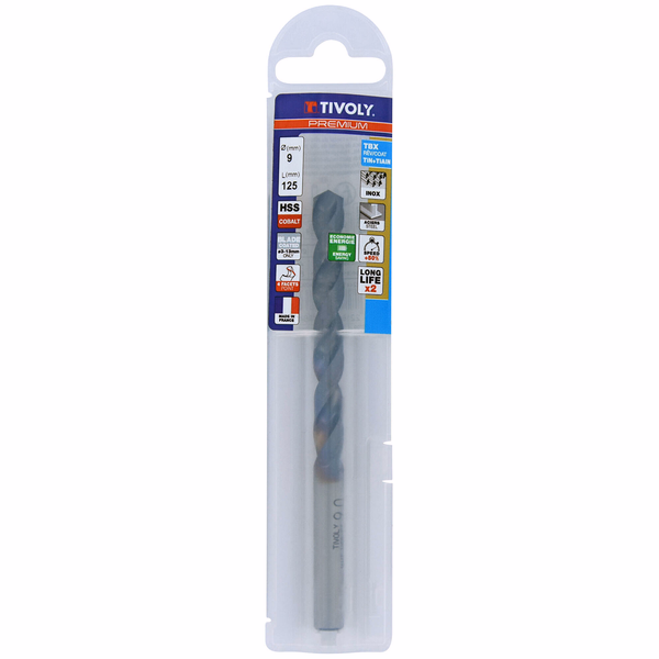 Ø: 9 / L: 125 / Foret métaux HSS-E5 (Cobalt 5%) TBX -Revêtu BLADE -DIN338 -h8 -Affûtage 4 faces (Etui plastique) - TIVOLY - perçage - Référence: 11456140900 - Image principale - Outil professionnel