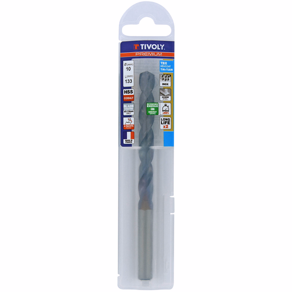 Ø: 10 / L: 133 / Foret métaux HSS-E5 (Cobalt 5%) TBX -Revêtu BLADE -DIN338 -h8 -Affûtage 4 faces (Etui plastique) - TIVOLY - perçage - Référence: 11456141000 - Image principale - Outil professionnel