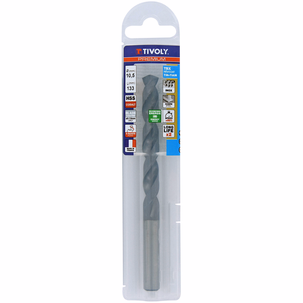Ø: 10.5 / L: 133 / TBX HSS-E5 (5% cobalt) metal drill bit - BLADE coated - 4 faces (Plastic sleeve) - TIVOLY - drilling - Reference: 11456141050 - Image principale - Professional Tool