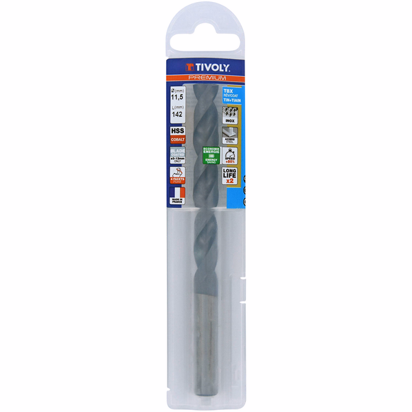 Ø: 11.5 / L: 142 / Foret métaux HSS-E5 (Cobalt 5%) TBX -Revêtu BLADE -DIN338 -h8 -Affûtage 4 faces (Etui plastique) - TIVOLY - perçage - Référence: 11456141150 - Image principale - Outil professionnel