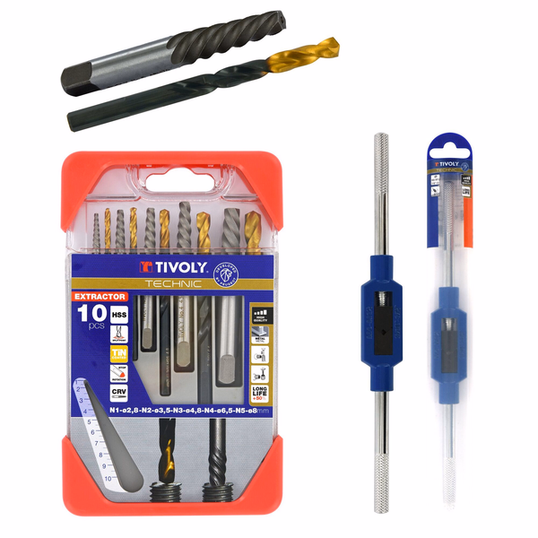 1 lot de 11 pièces : 1 coffret d' extracteurs de goujons cassés 10pcs + 1 porte-tarauds N°2 M4-M12  - TIVOLY - accessoires & outils a main - Référence: 11901170068 - Image principale - Outil professionnel