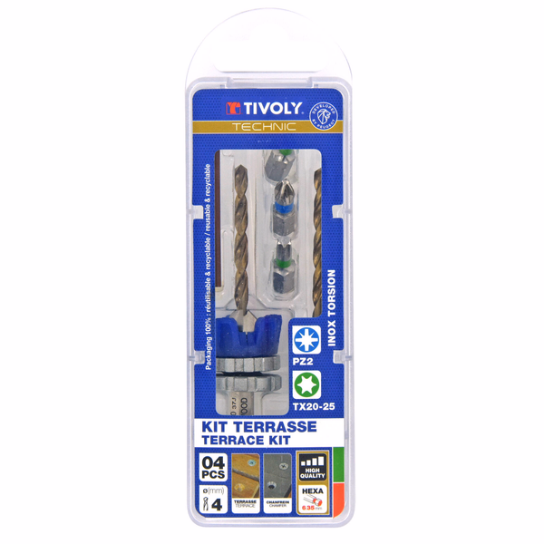 4 pièces - Kit Terrasse mèche & fraise HSS 2en1 Bois Métal Ø 4mm + 1 foret HSS + 3 embouts Inox  - TIVOLY - perçage - Référence: 11900770400 - Image principale - Outil professionnel