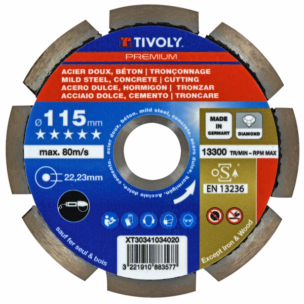 DIAMOND Disc - SOFT STEEL/CONCRETES - High Performance Range (Hanging box) / Ø: 115 / Ep: 2.4 - TIVOLY - cutting discs - Reference: XT30341034020 - Image principale - Professional Tool