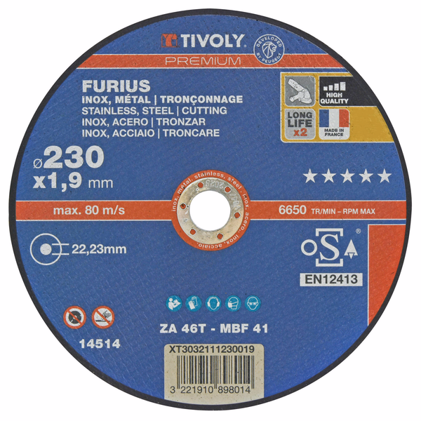 Disco de corte FURIUS -Para metal (Caja) / Ø: 230 / Ep: 1.9 - TIVOLY - tronzado - Referencia: XT3032111230019 - Image principale - Herramienta profesional