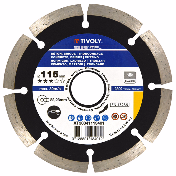 DIAMOND disc - CONCRETES -Economic Range (Hanging box) / Ø: 115 / Ep: 2 - TIVOLY - cutting discs - Reference: XT30341113401 - Image principale - Professional Tool