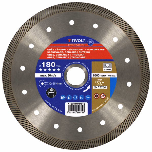 DIAMOND Disc - STONEWARE/CERAMIC - High Performance Range (Hanging box) / Ø: 180 / Ep: 2.6 - TIVOLY - cutting discs - Reference: XT30341034013 - Image principale - Professional Tool