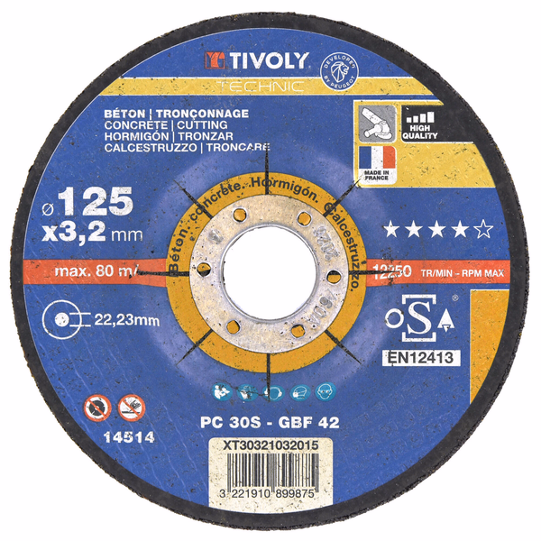 Cutting disc - Best Sellers Range - For construction materials (concretes) (Box) / Ø: 115 / Ep: 3.2 - TIVOLY - cutting discs - Reference: XT30321032014 - Image principale - Professional Tool