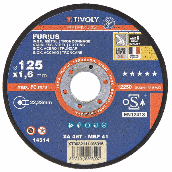 Disque à tronçonner FURIUS -pour le métal (Boite) / Ø: 125 / Ep: 1.6 - TIVOLY - tronçonnage - Référence: XT3032111125016 - Image principale - Outil professionnel