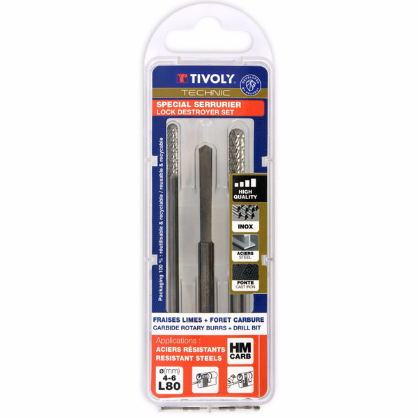 2 carbide rotary burrs, Ø 4 - 6 mm Length 80 mm + 1 Lock destroyer carbide drill bit  - TIVOLY - milling - Reference: 10316070012 - Image principale - Professional Tool