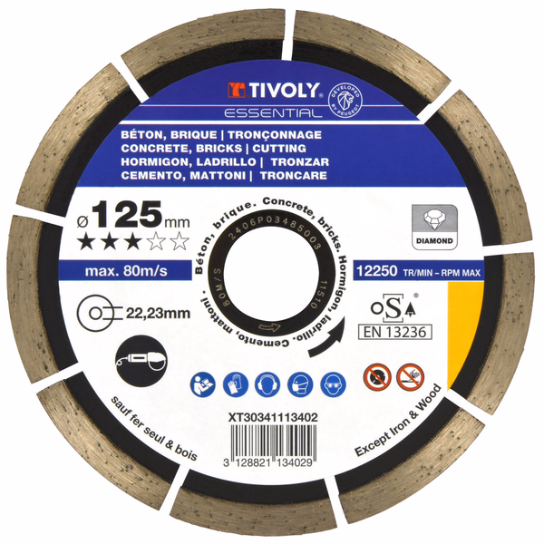 DIAMOND disc - CONCRETES -Economic Range (Hanging box) / Ø: 125 / Ep: 2 - TIVOLY - cutting discs - Reference: XT30341113402 - Image principale - Professional Tool