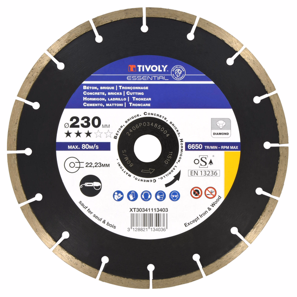 DIAMOND disc - CONCRETES -Economic Range (Hanging box) / Ø: 230 / Ep: 2 - TIVOLY - cutting discs - Reference: XT30341113403 - Image principale - Professional Tool