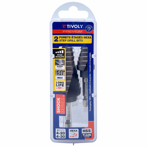 Broca ESCALONADA HSS - Recubrimiento TiAIN - Canal Helicoidal - Afilado SPLIT POINT - Mango Hexa Shock serie (Caja colgante) / ØMin/Max : /  - taladrado - Referencia: 11448270001 - Herramienta profesional - Tivoly