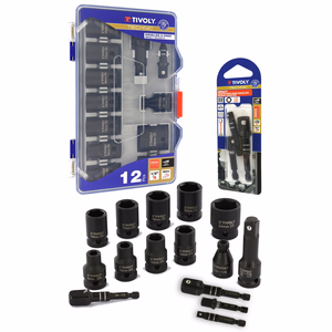 Lot de 1 coffret de douilles à choc de 12p : 9 Douilles à choc Ø 8 à 24mm + 2 adaptateurs + 1 rallonge-IMPACT + 1 blister de 3 adaptateurs HEXA 6,35MM IMPACT pour douilles carrées femelle 1/2" 3/8" 1/4"  - douilles & noix de serrage - Référence: 11521470004 - Outil professionnel - Tivoly