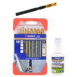 Lot de 1 coffret de 10 forets métaux HSS STEAM revêtus TiN taillés meulés pointe en croix queue à 3 méplats Ø 1 à 10mm + Huile de coupe biodégradable 70% (50 ml)  - TIVOLY - mallettes mixtes - Référence: 11901170069 - Vue 1 - Outil professionnel
