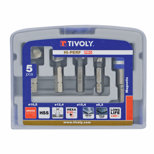 5f pieces - 4 90° hex shank HSS countersinker Ø 8.3 to 16.5 mm + 1 bit-holder  - milling - Réf. 10332370002 - Outil professionnel - Tivoly