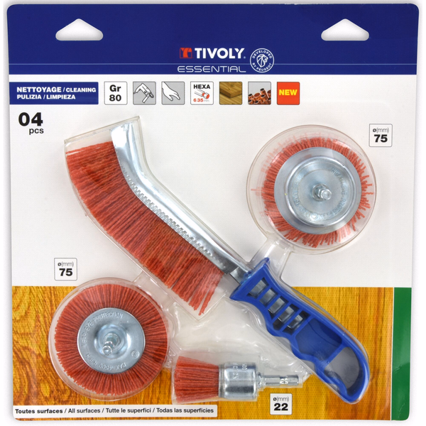 4 pieces: 3 drill brushes + 1 ergo hand brush for cleaning wood, copper, metal  - TIVOLY - brushes - Reference: XT20252580210 - Image principale - Professional Tool