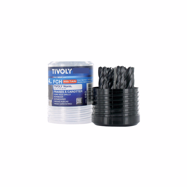 5 piezas -4 fresas huecas HSS con recubrimiento TiALN Ø 12 a 22 mm + 1 expulsor TECHNIC  - TIVOLY - fresado hueco - Referencia: 10370070001 - Image principale - Herramienta profesional