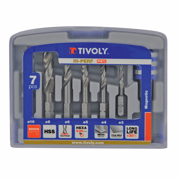 7 piezas -6 brocas para metal HSS monobloques punta en cruz mango hexagonal 1/4’’ Ø 3 a 10 mm + 1 portapuntas  - TIVOLY - taladrado - Referencia: 11437070002 - Image principale - Herramienta profesional