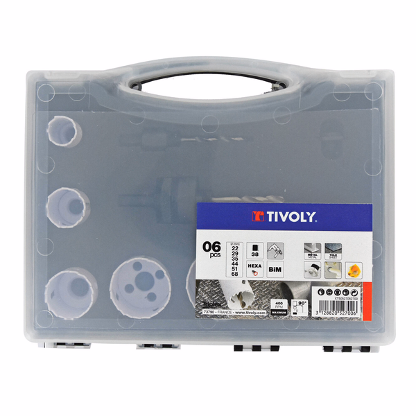 9-piece case - 6 HSS bi-metal hole saws Ø 22 to 68 mm + 2 pilot shafts + 1 adapter  - TIVOLY - sawing - Reference: XT50527052700 - Image principale - Professional Tool