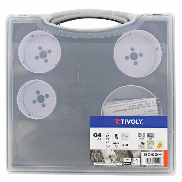 Mallette de 5 pièces - 4 scies cloches bi-métal HSS Ø 67 à 102mm + 1 arbre pilote  - TIVOLY - sciage - Référence: XT50527052900 - Image principale - Outil professionnel