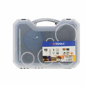 Maletín de 7 piezas - 5 sierras corona de carburo HM Ø 33 a 83 mm + 1 husilo + 1 base  - sierras corona estándar - Referencia: XT50527052800 - Herramienta profesional - Tivoly