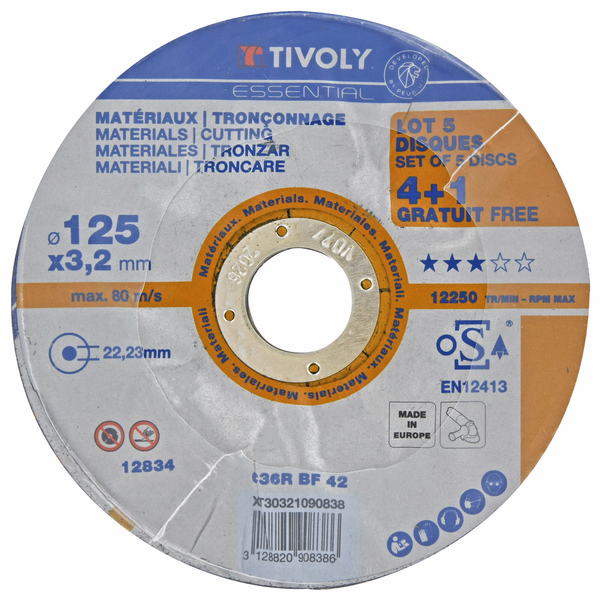 Disque à tronçonner -Gamme Économique -Pour matériaux (Bétons) (Lot filmé) / Ø: 125 / Ep: 3.2 - TIVOLY - tronçonnage - Référence: XT30321090838 - Image principale - Outil professionnel