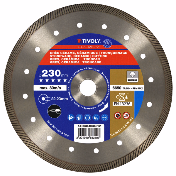 DIAMOND Disc - STONEWARE/CERAMIC - High Performance Range (Hanging box) / Ø: 230 / Ep: 2.6 - TIVOLY - cutting discs - Reference: XT30341034012 - Image principale - Professional Tool