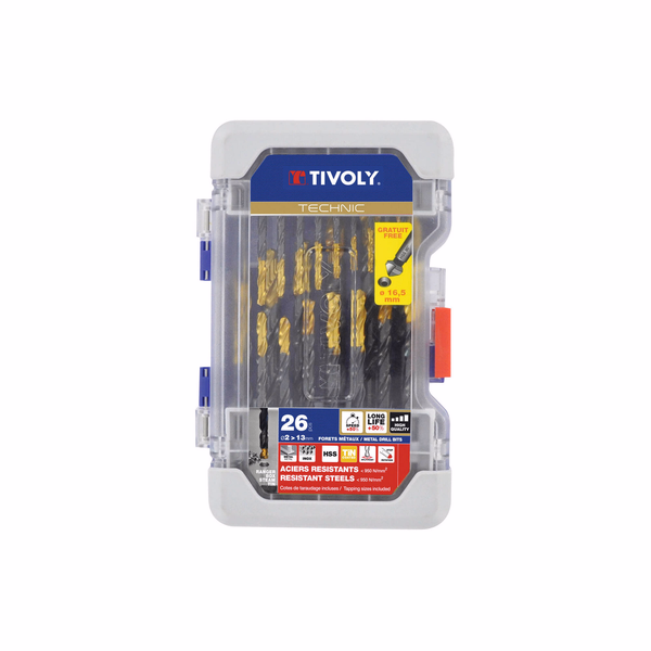 26 piezas -25 brocas HSS STEAM rectificadas con recubrimiento TiN punta en cruz mango de 3 caras Ø 2 a 13 mm + 1 fresa para avellanar HSS Ø 15 mm  - TIVOLY - taladrado - Referencia: 11453170007 - Image principale - Herramienta profesional