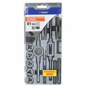 21 pièces -9 tarauds M3 à M12 + 9 filières M3 à M12 + 1 tournevis + 1 porte-taraud + 1 porte-filière  - taraudage - Référence: 11900970018 - Outil professionnel - Tivoly