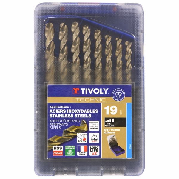 19 brocas para metal HSS-E5 (cobalto 5 %) graduadas SLR punta en cruz Ø 1 a 10 mm  - TIVOLY - taladrado - Referencia: 11468570015 - Image principale - Herramienta profesional