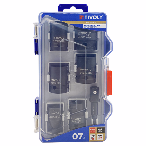 7 piezas -5 vasos de impacto Ø 13 a 24 mm + 1 llave de vaso H 1/2" portapuntas hexagonal 6,35 mm + 1 portapuntas hexagonal 6,35 mm para llaves de vaso de 1/2" -IMPACTO  - TIVOLY - atornillado - Referencia: 11521470003 - Image principale - Herramienta profesional
