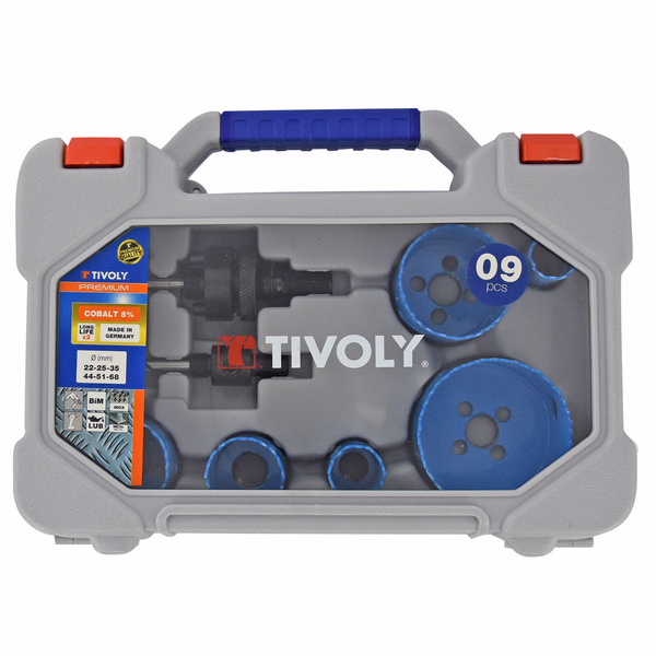 9 pieces - 6 bi-metal cobalt 8% hole saws Ø 22 to 68 mm + 2 pilots + 1 Allen key  - TIVOLY - sawing - Reference: XT505270001 - Image principale - Professional Tool
