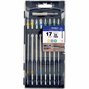 17 pieces - 16 extra-long bits L120 mm with color ring + 1 bit holder  - mixed compositions for screwing or tightening - Reference: 11501570038 - Professional Tool - Tivoly