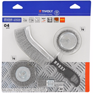 4 piezas: 3 cepillos taladro + 1 cepillo manual ergonómico para el decapado de metales  - cepillado - Referencia: XT20252580203 - Herramienta profesional - Tivoly