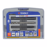 8 pièces - 4 tarauds HSS STEAM GUN DIN352 M4 à M8 + 4 forets HSS extra courts taillés meulés pointe en croix  - TIVOLY - taraudage - Référence: 11900170033 - Vue 1 - Outil professionnel