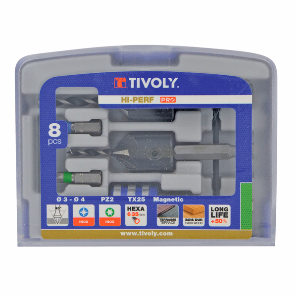 8 pieces - 2 bits & 90° cutters for wood, hexagonal shank + Stainless steel bits + bit holder  - TIVOLY - drilling - Reference: 11900670002 - Image principale - Professional Tool