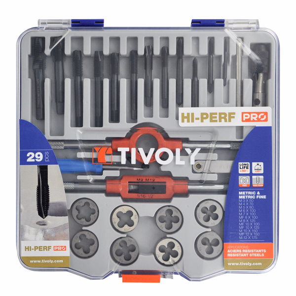 29 pieces - 12 DIN352 GUN STEAM HSS taps + 12 HSS dies Ø 25.4 M3 to M12 + 2 tap wrenches + die holder + accessories  - TIVOLY - tapping - Reference: 11900870017 - Image principale - Professional Tool