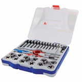 29 piezas - 12 machos de roscar HSS STEAM GUN DIN352 + 12 cojinetes HSS Ø 25,4 M3 a M12 + 2 portamachos + 1 portacojinetes + accesorios  - TIVOLY - roscado & fileteado - Referencia: 11900870017 - Vue 2 - Herramienta profesional