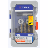 19 pièces -6 tarauds DIN 352 + 6 filières hexagonales M3 à M10 + 1 tourne à gauche + 6 forets HSS rectifiés revêtu TiN  - TIVOLY - taraudage - Référence: 11900970015 - Vue 1 - Outil professionnel