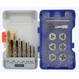 19 pieces - 6 taps DIN 342 + 6 hexagonal dies M3 to M10 + 1 tap wrench + 6 TiN coated rectified HSS drill bits  - TIVOLY - tapping - Reference: 11900970015 - Vue 4 - Professional Tool