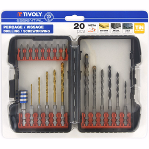 20 pièces -Coffret -Perçage Métaux / Bétons / Bois + Vissage Hexa Quick Change  - mallettes mixtes - Référence: 11901170043 - Outil professionnel - Tivoly